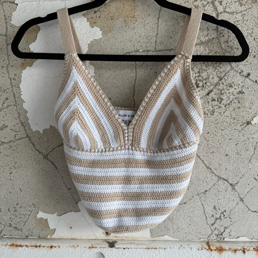 Neutral Crochet Stripe‎ Knit Crop Top Boho Y2K Festival Top Medium
